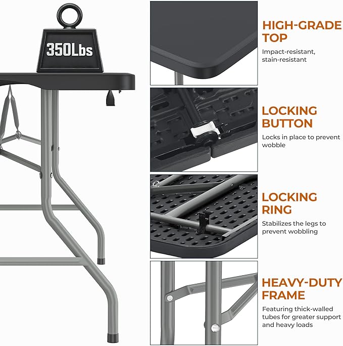 8Ft Foldable Table Portable Plastic Folding Table with Safety Locks, Lightweight & Durable for Parties, Dining, Weddings, Events, Picnics,Indoor & Outdoor Use (Black, 8FT)