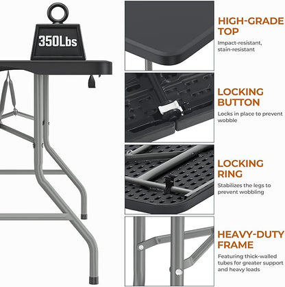 8Ft Foldable Table Portable Plastic Folding Table with Safety Locks, Lightweight & Durable for Parties, Dining, Weddings, Events, Picnics,Indoor & Outdoor Use (Black, 8FT)