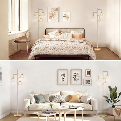 Shenmoyl Stepless Dimming Floor Lamps for Living Room, Bedroom, Gold Standing Lamp with 3pcs 6W Bulbs, Vintage Brass Floor Lamp for Corner, Nursery (Clear Tulip)