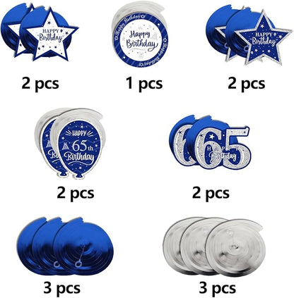 Happy 65th Birthday Blue & Silver Glitter Swirls Streamers Party Decorations - 15 Pcs 65th Birthday Hanging Swirls Streamers Kit,Perfect for 65th Bday Party Sign.