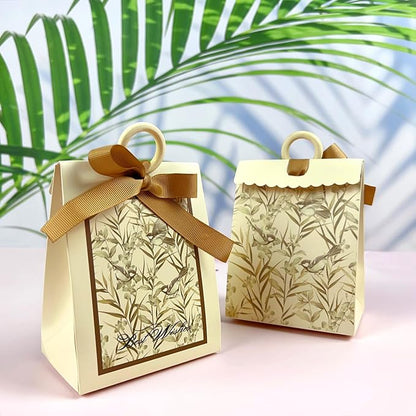 20PCS Mini Gift Bags, Bird & Flower Goodie Bags with Ribbon Handle for Party Favors Treat Boxes Wedding Bridal Baby Shower Birthday Party Presents 3.9"x2.6"x1.4"(Cream)