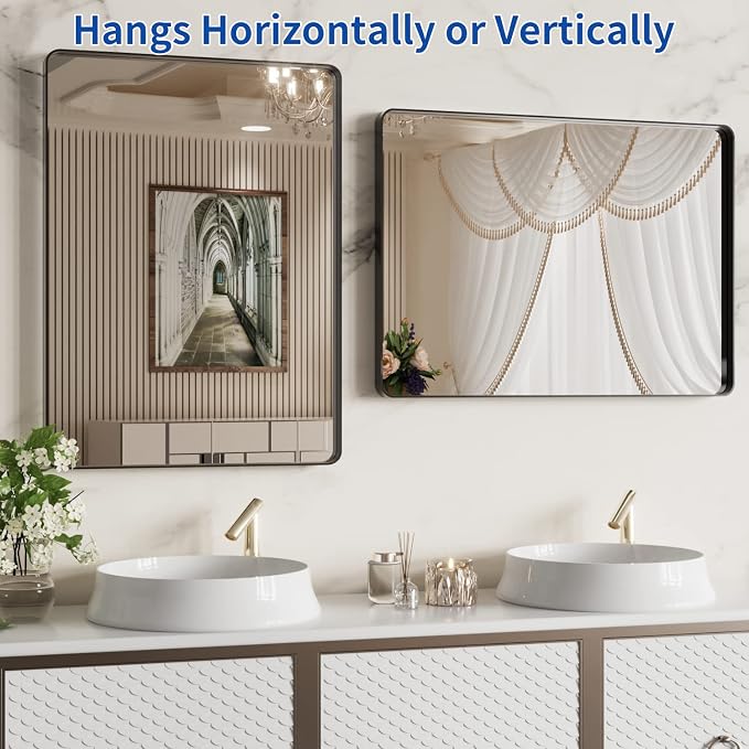 WEER Black Bathroom Mirror 22X30 Inch, Rounded Rectangle Matte Black Bathroom Vanity Mirror, Black Metal Framed Mirror for Wall, Tempered Glass, Anti-Rust, Hangs Horizontal or Vertical