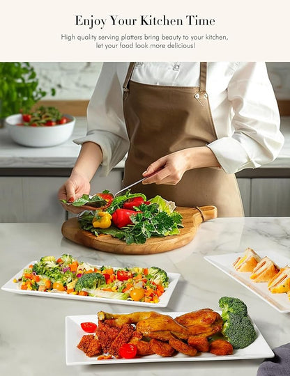 AISBUGUR 13" Serving Platters and Trays, White Serving Platters Set of 4, Large Platters for Serving Food Party, Daily and Entertaining, Ceramic Rectangular Plates for Steak, Taco, Snack, Appetizer