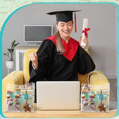 Teenyyou 24 Pcs World Map Favor Bags with Handle Graduation Travel Clear PVC Goodie Gift Bags Grad Birthday Congratulations Party Supplies