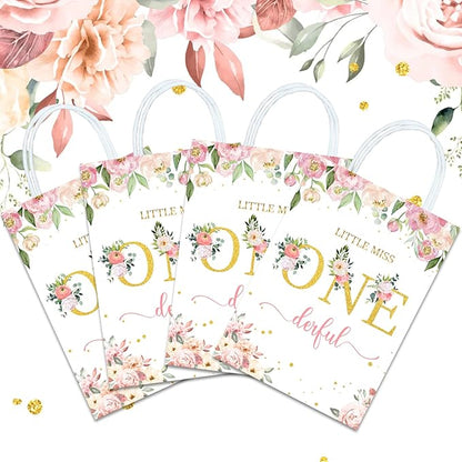 Tyndallrays 16 Pieces Miss Onederful One First Birthday Party Favors Bags,Onederful 1st Birthday Girl Gift Snacks Treat Candy Party Favors Bags with Handles for Girls 1st Birthday Party Decorations