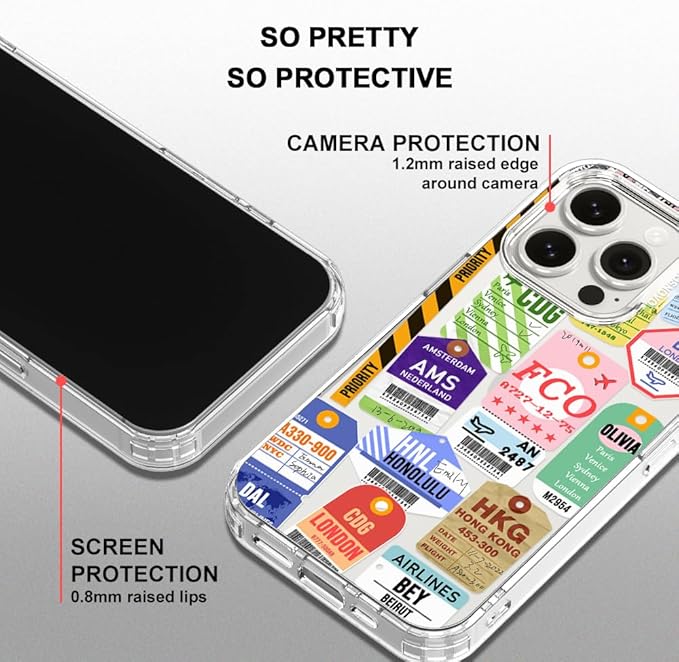MOSNOVO Case for iPhone 15 Pro, [Buffertech 6.6ft Military-Grade Drop Protection] [Anti Peel Off Tech] Clear TPU Bumper Phone Case Cover Design - Air Ticket Labels
