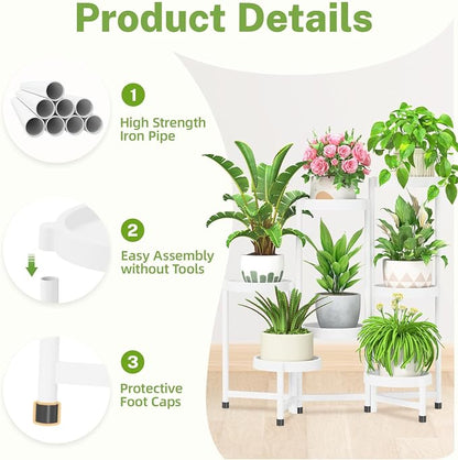 iDavosic.ly 7 Tier Folding Plant Stand Indoor Outdoor with Plastic Tray, Tiered Corner Flower Holder Shelf, Metal Orchid Display Rack for Patio Porch Living Room Garden Balcony, White