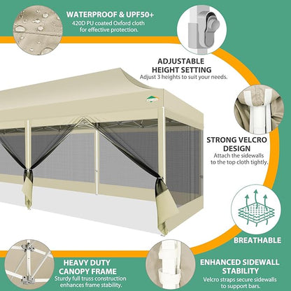 COBIZI 10x30 Pop Up Canopy with Sidewalls, Heavy Duty Canopy with Mosquito Netting, Easy up Screen Party Tents for Parties Backyard Outdoor Commercial Event Gazebo with Roller Bag, Sandbags, Khaki