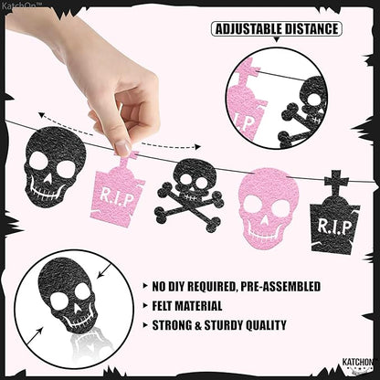 KatchOn Pink Black Felt Skull Garland - 13 Feet, No DIY | Felt Halloween Garland, Skull Party Decorations | Pink Halloween Decor