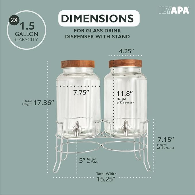 Ilyapa Glass Drink Dispensers for Parties with Stand - 2 Pack, 1.5 Gallon for Ice Water, Lemonade, Juice, Sangria, & Punch Tower Cookout Essentials