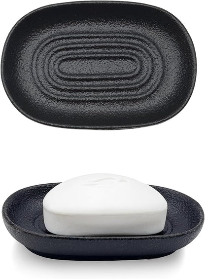 Ceramic Soap Dish for Bathroom & Kitchen Sink- Black Matte Textured Finish Bar Soap Holder for Shower - Easy to Clean Small Simple Oval Soap Dishes Holders for Bar Soaps, Sponges, Jewelry