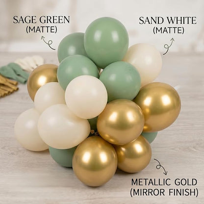 60pcs Sage Green and Gold Balloon Kit,12 Inch Eucalyptus Olive Green Cream & Metallic Gold Balloons for Boho Baby Shower, Bridal Wedding, Jungle Safari Birthday (with Ribbons & Glues)