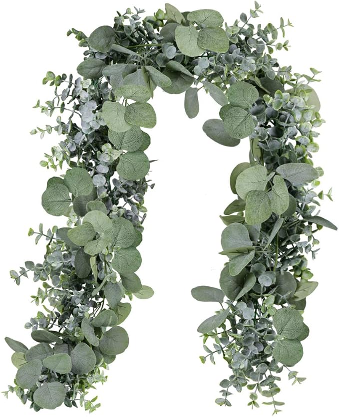 Winlyn 5.9' Long Faux Silver Dollar Eucalyptus Leaves Greenery Artificial Garland in Grey Green for Wedding Arch Swag Backdrop Doorways Table Runner Indoor Outdoor