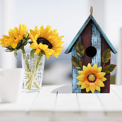 Rustic Decorative Bird House for Outside, Outdoor Hanging Wood Hand-Painted Bird House with Sunflower Decor, Wooden Hanging Garden Birdhouse Porch Yard Decor 9.37"X6.38"X4.25" (Red & Blue)