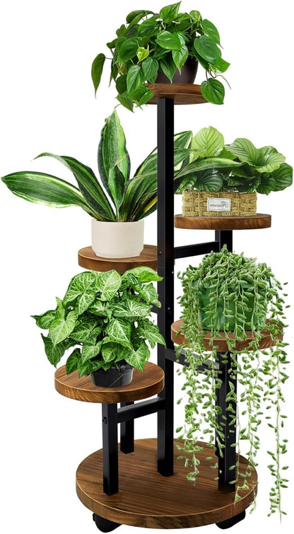 GEEBOBO 5 Tier Plant Stand With 4 Wheels, Metal Wood Tall Plant Stands For Indoor Plants Multiple, Corner Tiered Flower Plants Shelf Stand for Living Room Bedroom, Brown