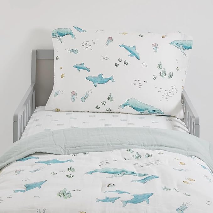 Little Unicorn Toddler Bedding 3-Piece Set | Super Soft & Breathable Muslin Fabric | for Convertible Cribs & Toddler Beds (Whales)
