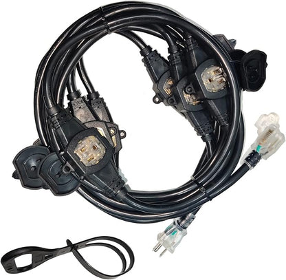25Ft Power Extension Cord 3 Prong, 12 Gauge SJTW 5-15R Cable Male Plug to Female Connector,7 Outlets Multiple Evenly-Spaced Plug,Suitable for Stage Setting or Outdoor,UL Certified Outlet Cable