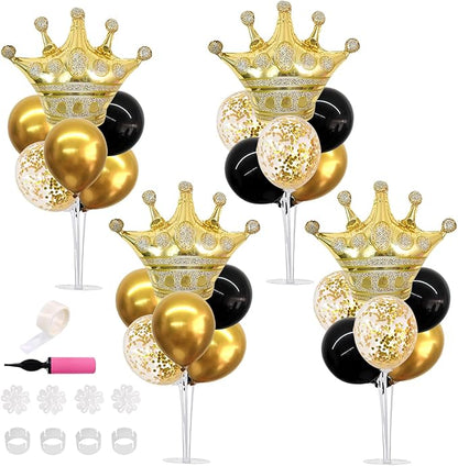 TONIFUL Table Centerpiece Balloons Stand Kit Include Black Gold Latex Confetti Balloons and Foil Crown Balloon for Birthday 2025 Graduation Anniversary Halloween New Year's Eve Party Decoration