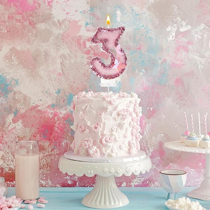 3rd Birthday Candles，Glitter Butterfly Cake Toppers Pink Sequins Wedding Numeral Cupcake Decorations，Suitable for Girl and boy Wedding Cakes, Party Celebrations, Birthday Decorations