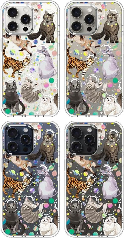MOSNOVO Case for iPhone 15 Pro Max, [Buffertech 6.6ft Military-Grade Drop Protection] [Anti Peel Off Tech] Clear TPU Bumper Phone Case Cover Design - Space Cat