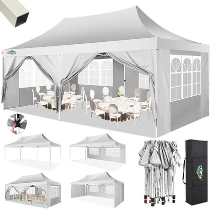 COBIZI 10x20 Pop Up Canopy with 6 Sidewalls,10x20 Canopy Tent Frame Upgraded with 3 Adjustable Heights,Waterproof UV50+ Outdoor Party Commercial Ez Up Gazebos with Carry Bag(10 x 20 ft White)
