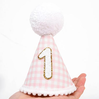 Pink Gingham Style 1st Birthday Hat - 1st Birthday Party Hat for girls, Baby girl 1st Birthday Decoration, Princess First Birthday Crown, Pink and Gold 1st Birthday Decor