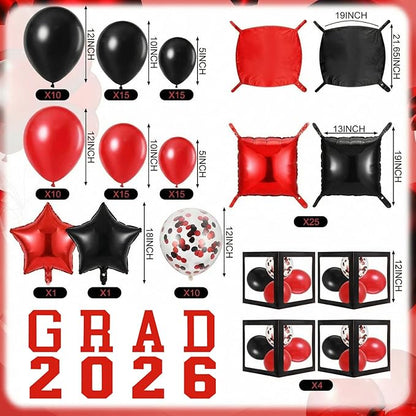 Seenelling Red Black 133 Pcs Graduation Decorations 2026 Set Red Black Balloons Boxes with Letters 2026 Grad Square Foil Balloons Complete Party Supplies for High School College Celebrations