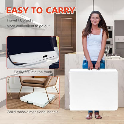 Portable 4Ft Folding Table, Heavy Duty Plastic Fold-in-Half Utility Foldable Table Small, Adjustable Height Plastic Folding Table with Carrying Handle for Camping & Party Indoor/Outdoor(White)