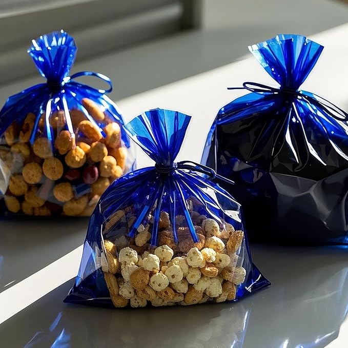 AimtoHome Cellophane Treat Bags Blue, 9x6 inches, 50 Pack with Ties,Small Party Favors bags for Cookie Candy Popcorn