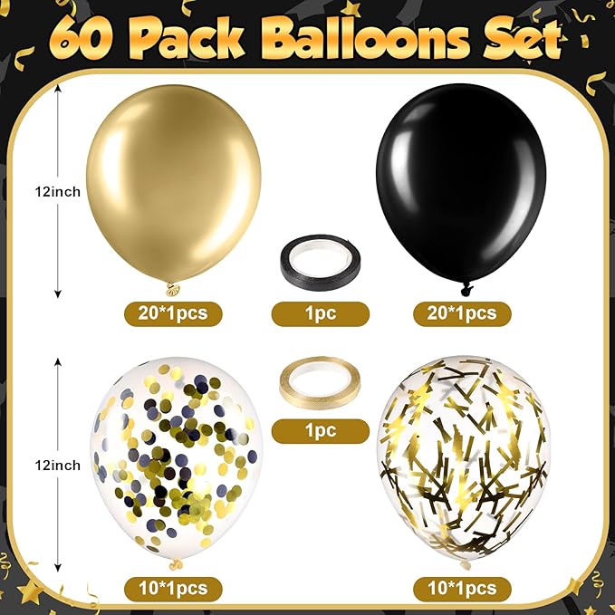 Sratte 60 Pcs 12 Inch Black Gold Balloons Kit Halloween Decorations Confetti Latex Metallic Balloons with 2 Rolls Ribbon Party Favor for Memorial Day, Birthdays