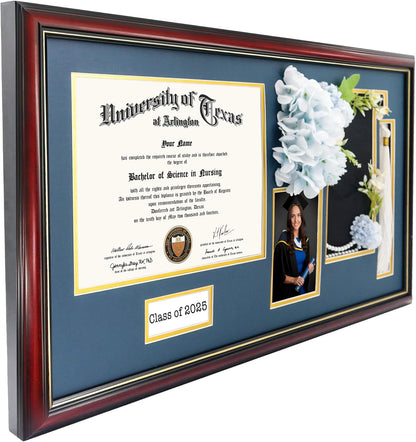 GraduationMall Class of 2025 Graduation Frame for 8.5x11 Diploma & 4x6 Photo with Graduation Cap & Tassel Holder, Cherry Wood Display Case with Navy Gold Mat