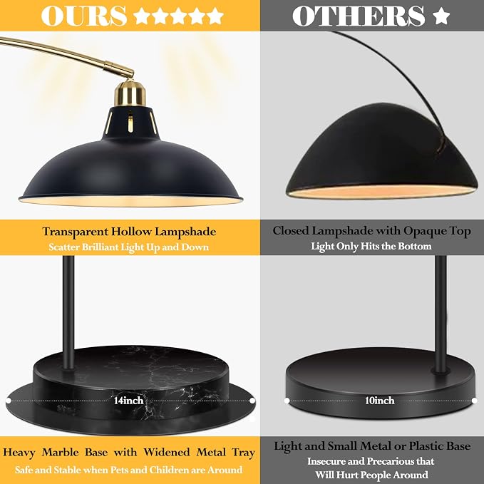 FILIYANO Arc Floor Lamp for Living Room, Marble Base Standing Lamp - Black Gold Floor Lamps with 360° Rotatable Arm, Industrial Tall Lamp Metal Material, Reading Lamp for Bedroom Couch Sofa Desk