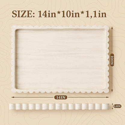 Lounsweer Wood Decorative Tray for Home Decor, 14'' x 10'' Wooden Serving Tray for Coffee Table Centerpiece Dining Kitchen Island Decoration Bathroom Counter Display (White Color,Pine)