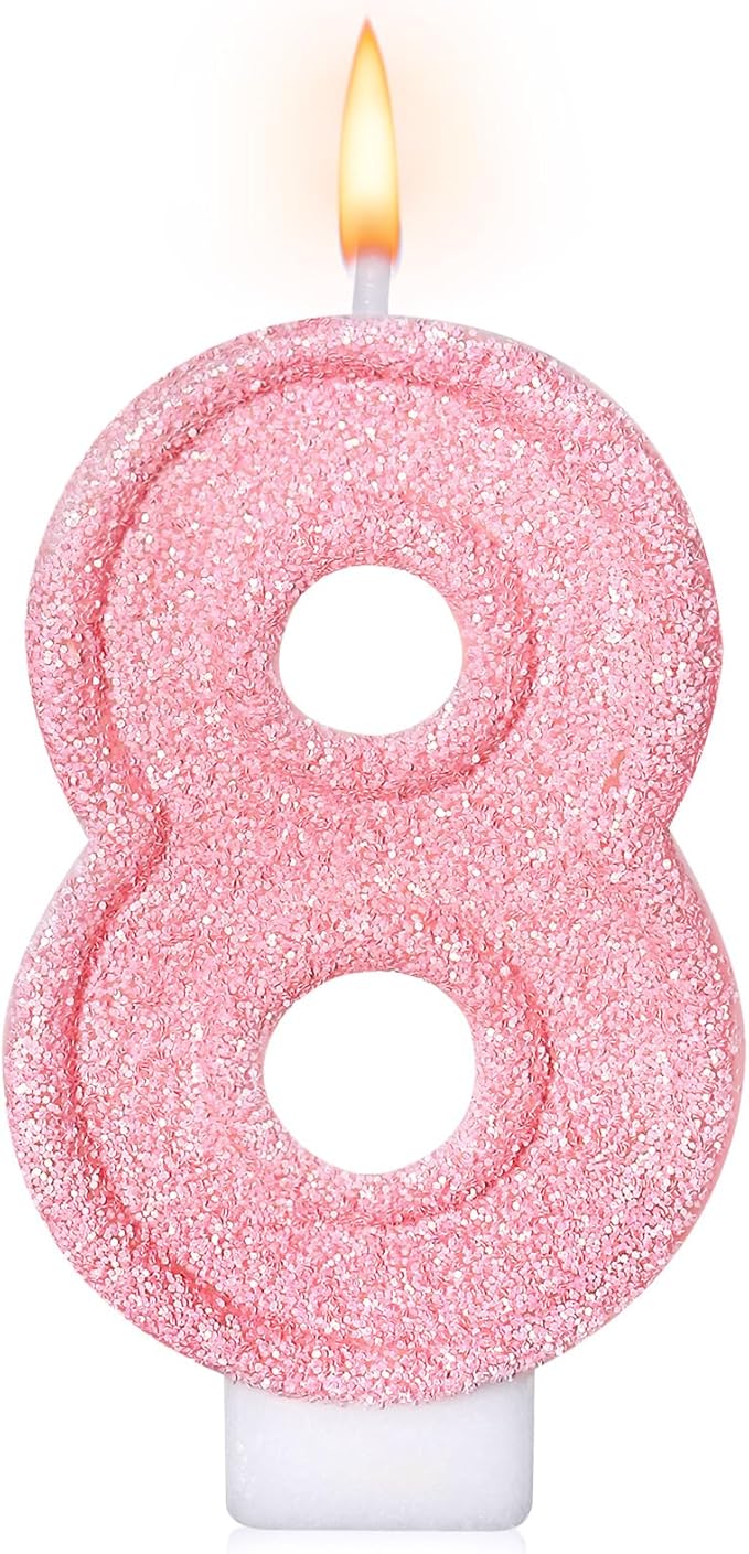 Cute Number 8 Birthday Candle, Glitter Pink Number Candles, Birthday Cake Topper Decoration, Party Supplies Anniversary Celebrations