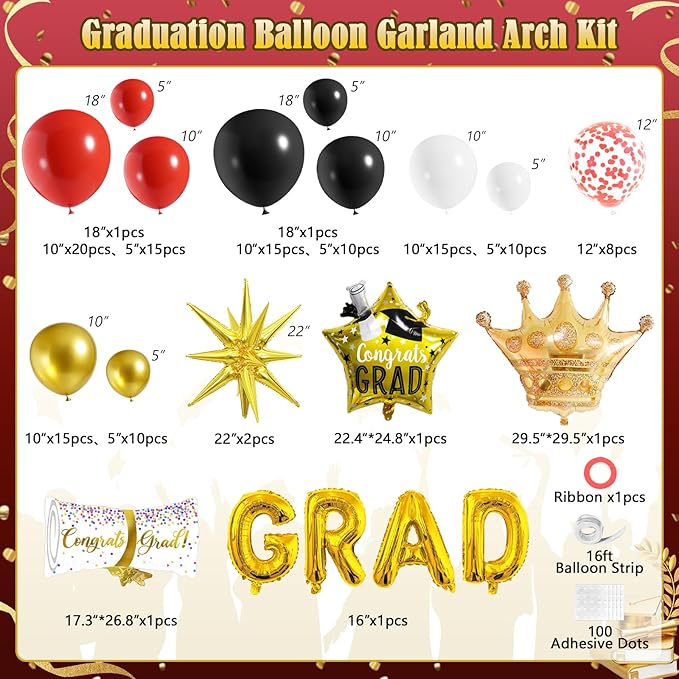 Graduation Balloon Arch Garland Kit Red Black White Gold Graduation Decorations 2026 for College High School Class of 2026 Grad Party Prom Decor
