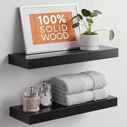 Homeforia Black Floating Shelf 20 inch, High End Solid Real Wood 20inch Bathroom Floating Shelves for Wall Mounted, Black Wooden 20in Floating Shelves, Heavy Duty Bracket, 20 X 6.5 X 1.75 in, Set of 3