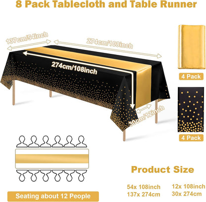 8Pack Disposable Plastic Tablecloths and Satin Table Runner Set Black Gold Dot Table Cloth Gold Satin Table Runner for Graduation Wedding Birthday Baby Shower Anniversary Holiday Party Decorations
