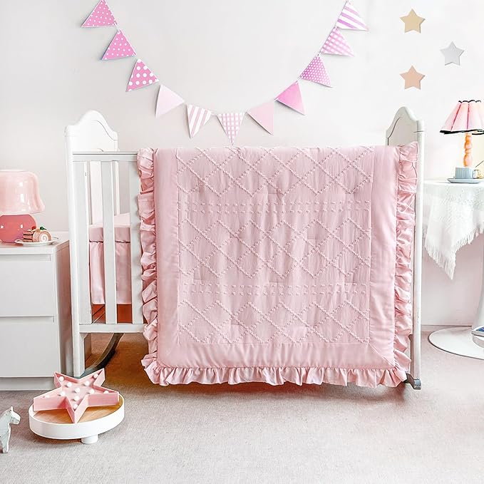 Wowelife Baby Girl Crib Bedding Set, Boho 3-Piece Crib Comforter Set for Girls, Ruffle Baby Nursery Bedding Set Include Quilted Comforter, Crib Skirt and Sheet, Pink