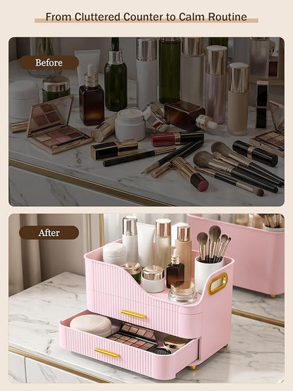 Booklov Countertop Makeup Organizer with Drawers, 3 Tier Large Cosmetic Storage Caddy for Vanity, Bathroom Counter, Dresser, Skincare Display Case for Lipsticks, Beauty Palettes, Teen Girl Gifts, Pink