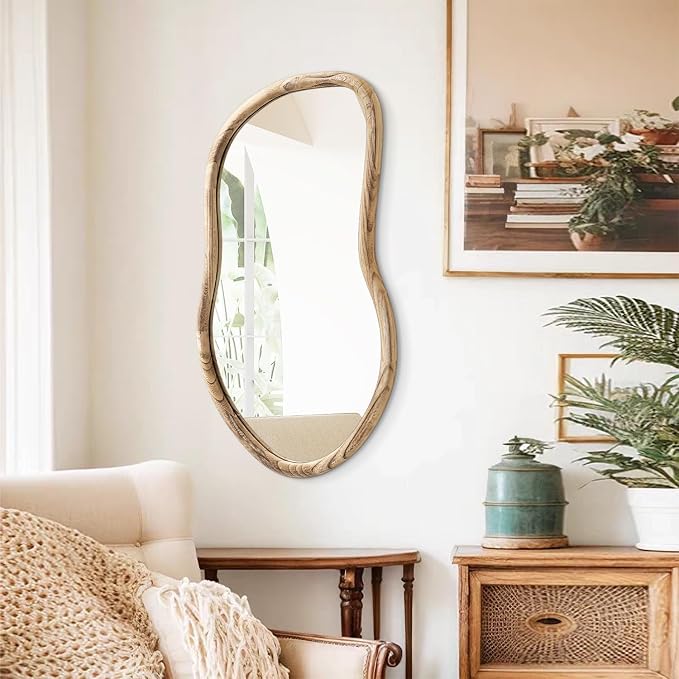 Irregular Wall Mirror Wood Asymmetrical Mirror Large Bathroom Vanity Mirrors Natural Wood Framed Abstract Mirrors for Wall Living Room Bedroom Decorative