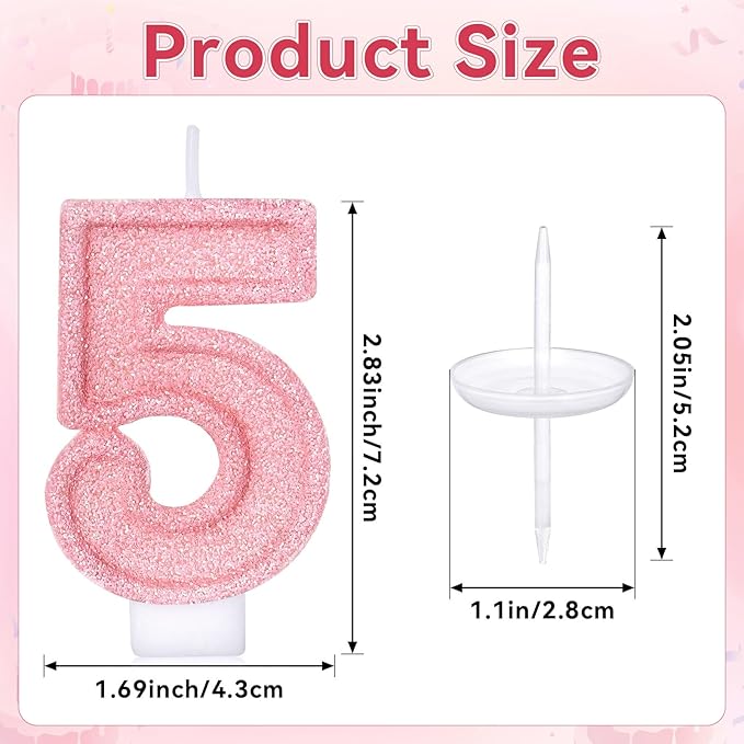 Cute Number 5 Birthday Candle, Glitter Pink Number Candles, Birthday Cake Topper Decoration, Party Supplies Anniversary Celebrations