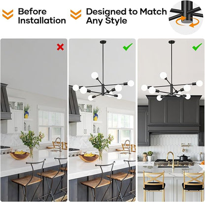 10.9"-52.3" Height Adjustable Sputnik Chandeliers Dining Room Light Fixture (8-Light, 30-Inch), Modern Black Chandelier, Mid Century Modern Chandeliers for Dining Room Kitchen (Bulbs Not Included)