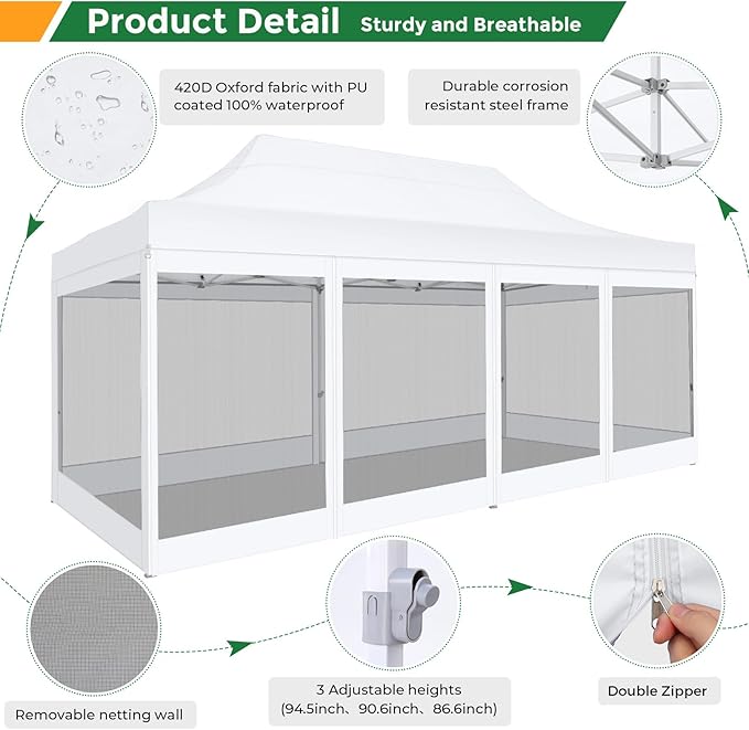 COBIZI 10x20 Heavy Duty Pop Up Canopy Tent with 6 Sidewalls, Easy Set Up Outdoor Waterproof Screen Commercial Party Tent with Mosquito Netting for Parties Backyard Patio, Roller Bag, White