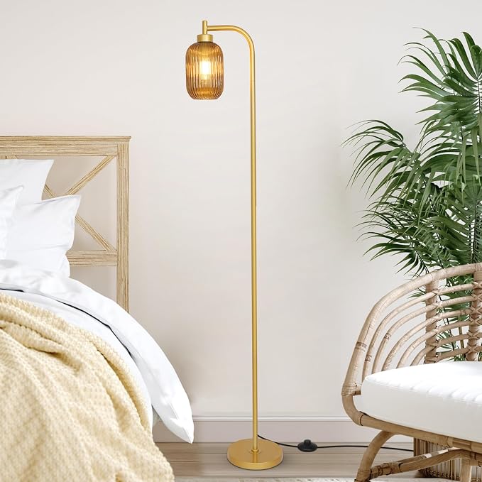 LAMSU Glass Floor Lamps for Living Room, Vintage Gold Standing Lamp with LED Bulb, Amber Stripe Glass Shade, Foot Switch, Mid Century Modern Brass Tall Corner Lamp for Bedroom Office Reading Room