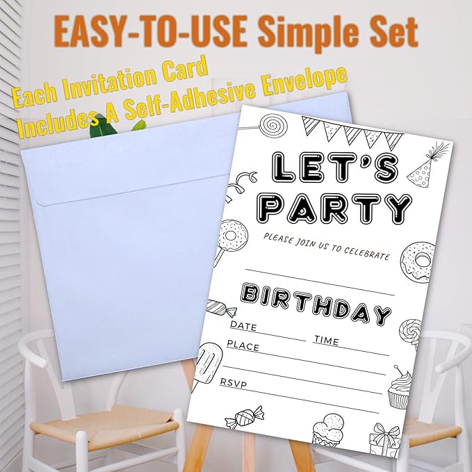 Let's Party Candyland Birthday Invitations for Girls Boys Teens Kids - Dessert, Hand Drawn Minimalism, Black and White, Candy Balloon Streamer - 25 Pcs 4x6 Inch with Envelopes (Black Pattern)