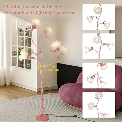 Flower Standing Lamp for Bedroom, Cute Corner Floor Lamp with Flexible Gooseneck, 3 Light Floor Reading Lamp with 3 Color Temperatures, Bulbs Included, Tall Floor Lamp for Living Room Corner(Pink)