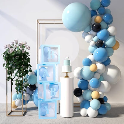 Voircoloria Baby Boxes with 42pcs Letters for Baby Shower Transparent Balloon Boxes Clear Balloon Box Blocks for Boy Girl Gender Reveal Party and Birthday Party (Blue)