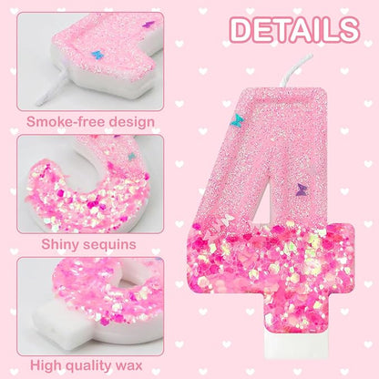 Pink Sequin Birthday Candles, Cake Number Candles, Girls 0th Birthday Decorations, Suitable for Birthday Parties, Anniversary Party Decorations(4)