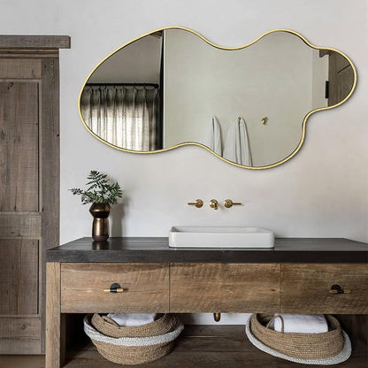 Irregular Wall Mirror, 46.5"x24" Asymmetrical Decorative Accent Mirror with Gold Metal Frame, Large Organic Shape Mirrors for Entryway Bedroom Living Room, Horizontal or Vertical Hanging