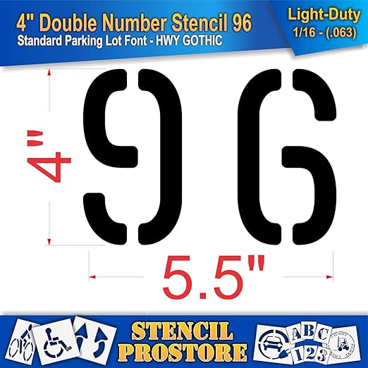 Pavement, Curb, and WheelStop Stencils - 4 inch Double Number Stencil - (96) - 4" x 5.5" x 1/16" (63 mil) - Light-Duty